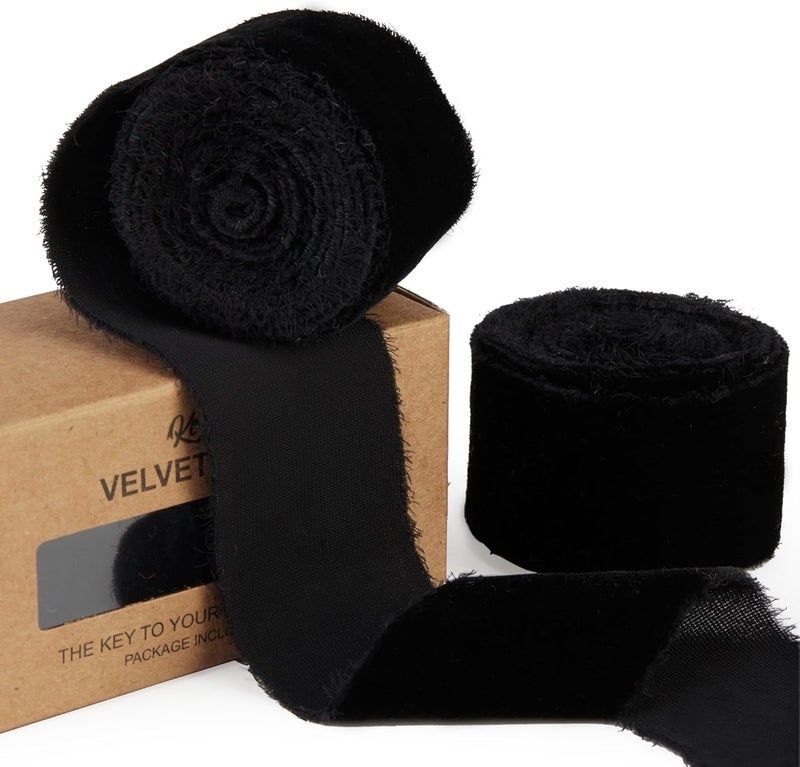 Keypan Black Velvet Ribbon for Gift Wrapping - 1 1/2 inch Wide Handmade Fringe Fabric Ribbons for Christmas Decorations, Baby Shower, Flower Bouquet - Image 1